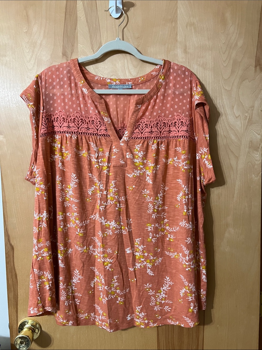 Daniel Rainn Rust Floral Crochet-Yoke Short Sleeve Tunic